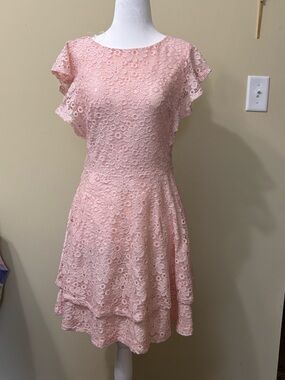 Crystal Doll Pink Floral Lace Tiered Mini Dress